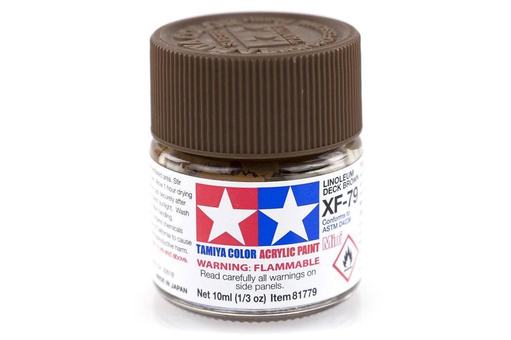 Tamiya XF-79 Linoleum Deck Brown acrylic paint for model kits, 10ml bottle, flammable warning