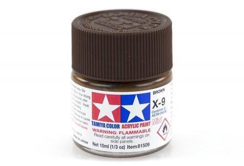 Tamiya X-9 Brown Acrylic Paint for model kits, 10ml bottle, flammable warning label visible