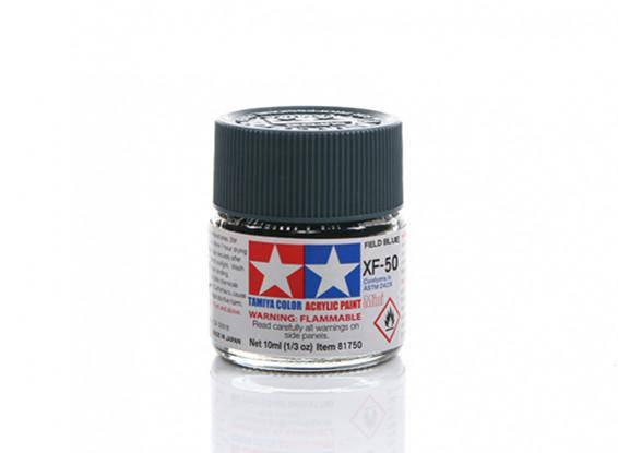 Tamiya XF-50 Field Blue acrylic paint for model kits, 10ml bottle, flammable warning label visible