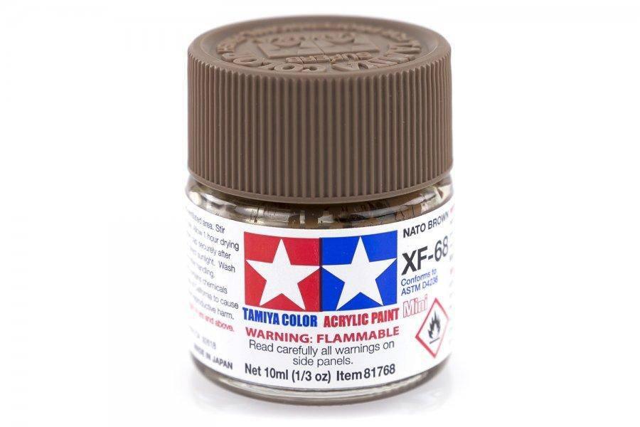 Tamiya XF-68 NATO Brown acrylic paint mini bottle for model kits, 10ml, flammable warning label visible
