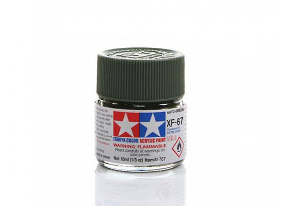 Tamiya XF-67 NATO Green Acrylic Paint for model kits, 10ml bottle with flammable warning label