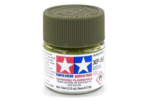 Tamiya XF-56 Olive Green Acrylic Paint for model kits, 10ml bottle with flammable warning label