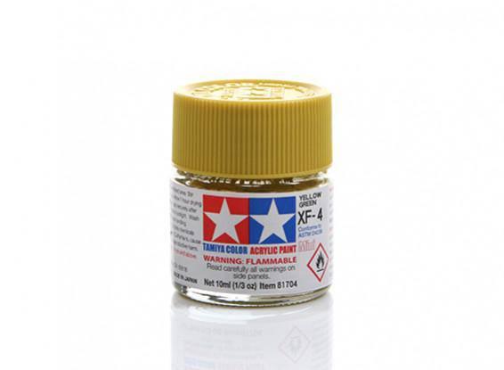 Tamiya XF-4 Yellow Green Acrylic Paint for model kits, 10ml bottle with flammable warning label