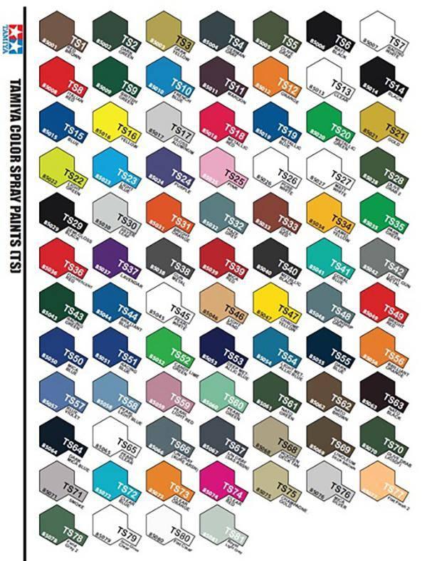 Tamiya TS spray paint color chart with 80+ shades for model kits and hobbies