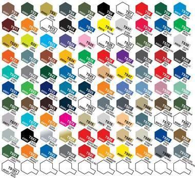 Tamiya acrylic paint color chart with hexagonal swatches for model kits and hobbies