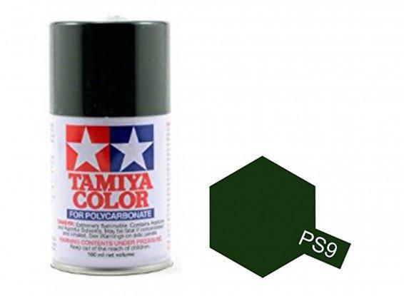 Tamiya PS9 Dark Green spray paint for polycarbonate, 100ml can with color swatch