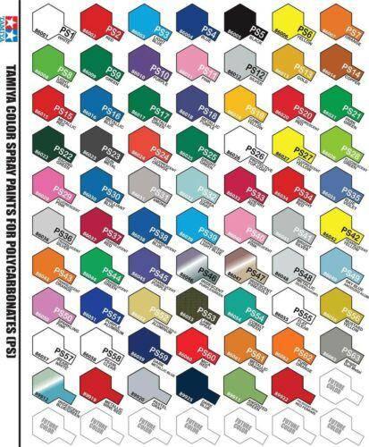 Tamiya PS Series spray paint color chart for polycarbonates, featuring 63 vibrant shades for model kits and hobbies