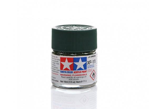 Tamiya XF-11 J.N. Green acrylic paint for model kits, 10ml bottle with flammable warning label