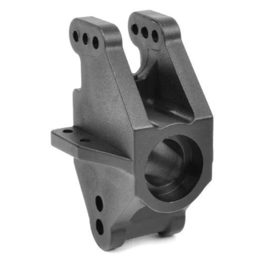 Black RC car front suspension arm with mounting holes and axle housing, model kit part