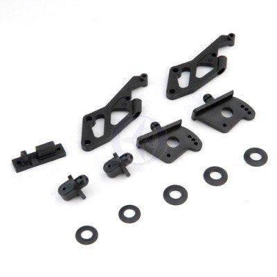 Black plastic model kit parts and washers for RC car assembly, hobbyist collectible components
