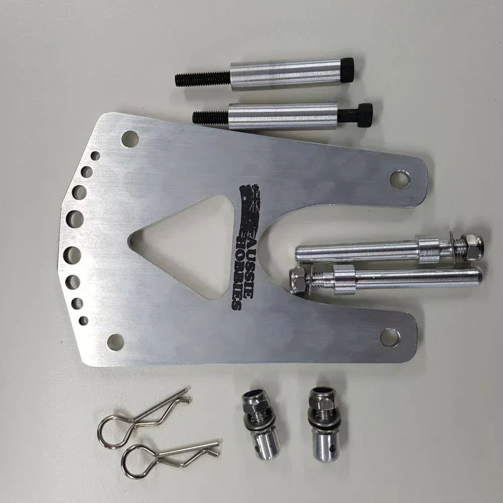 Aussie Hobbies aluminum RC car chassis mount kit with hardware and bushings for model assembly