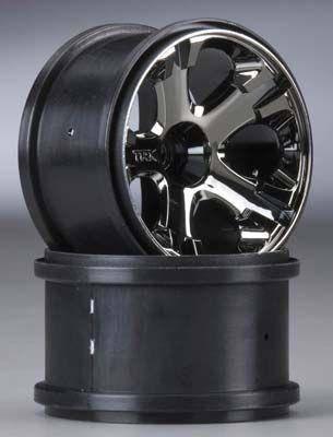 Black and chrome RC car wheel rim with TRX logo, ideal for model car enthusiasts and hobbyists