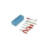Blue toolbox with red-handled pliers and wrenches for model kit assembly and hobby projects
