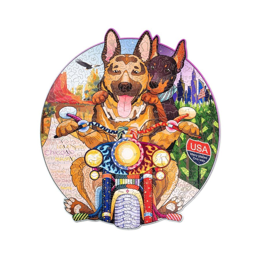 Wood Trick Biker Dogs – eco-friendly wooden jigsaw puzzle with laser-cut pieces and biker dog artwork.