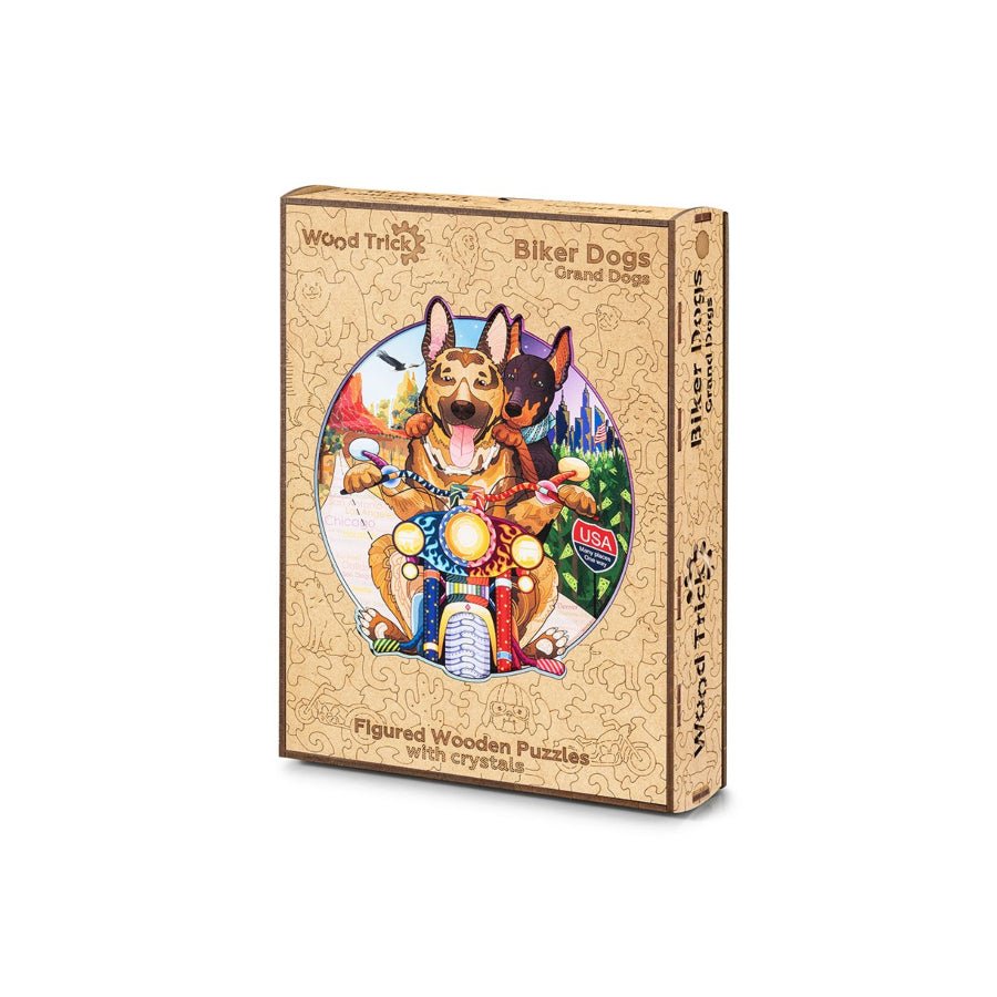 Wood Trick Biker Dogs premium wooden jigsaw puzzle box with biker dog artwork.