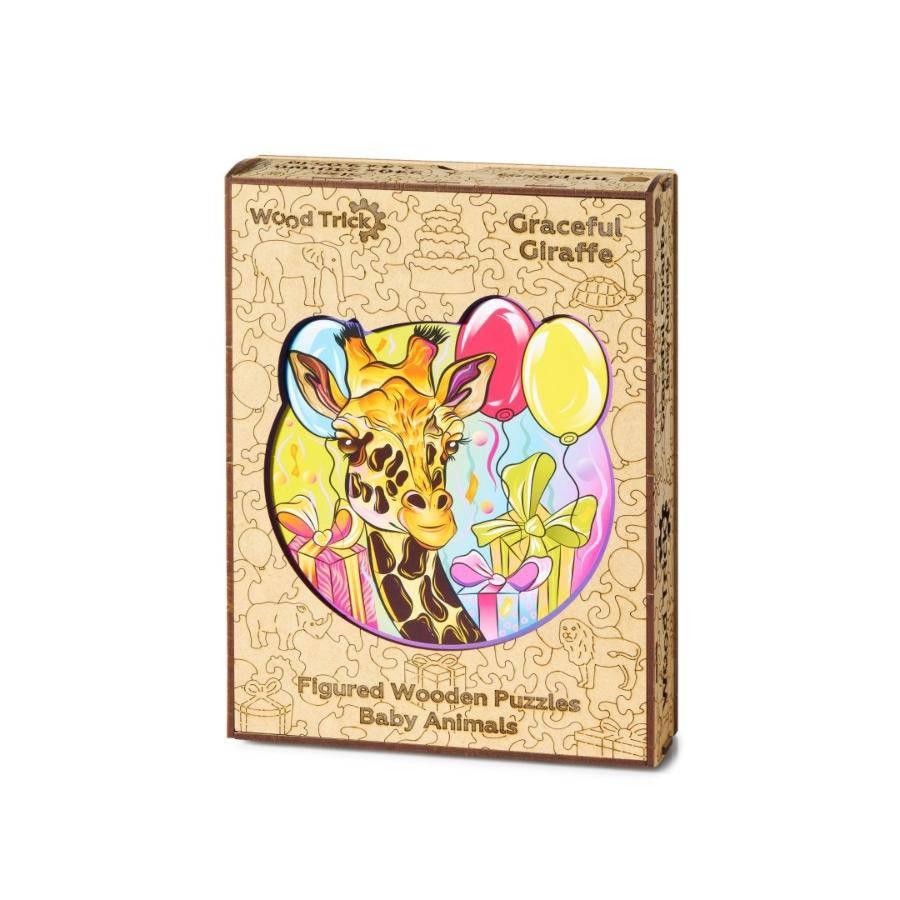 Wood Trick Graceful Giraffe jigsaw puzzle with balloons and presents.