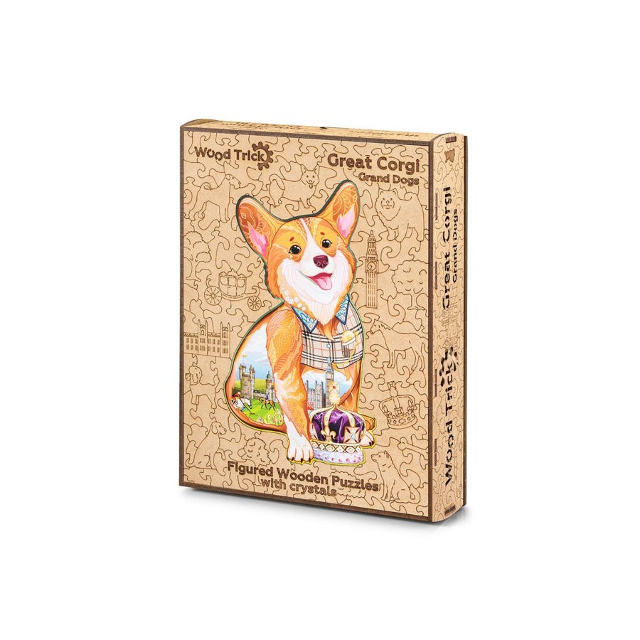 Wood Trick Great Corgi premium wooden jigsaw puzzle box with corgi dog artwork.
