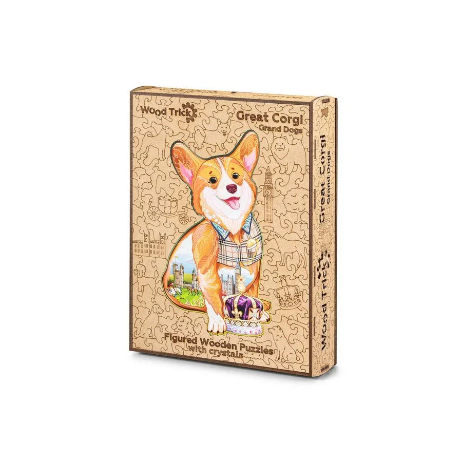 Wood Trick Great Corgi premium wooden jigsaw puzzle box with corgi dog artwork.