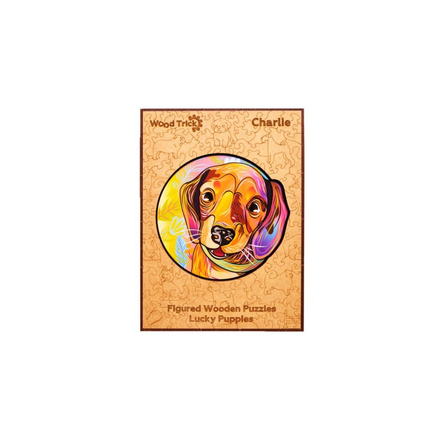 Wood Trick Lucky Puppies Charlie premium wooden jigsaw puzzle box with puppy artwork.