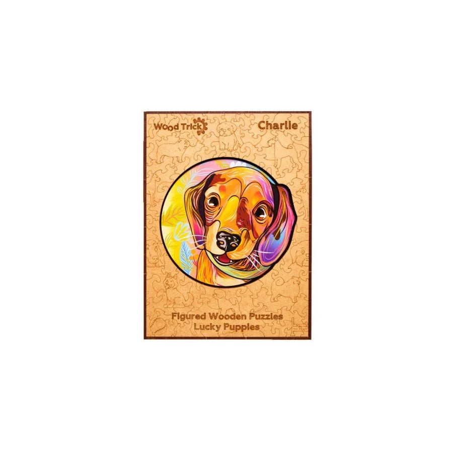 Wood Trick Lucky Puppies Charlie premium wooden jigsaw puzzle box with puppy artwork.