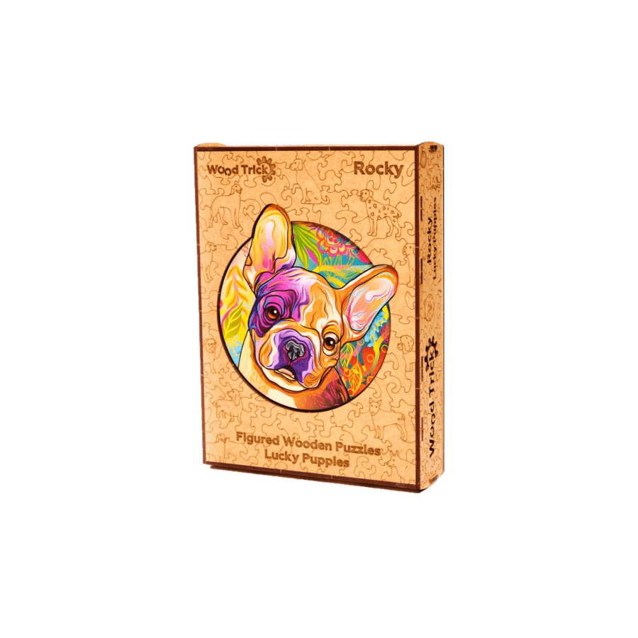 Wood Trick Lucky Puppies Rocky colourful wooden puzzle with dog artwork.
