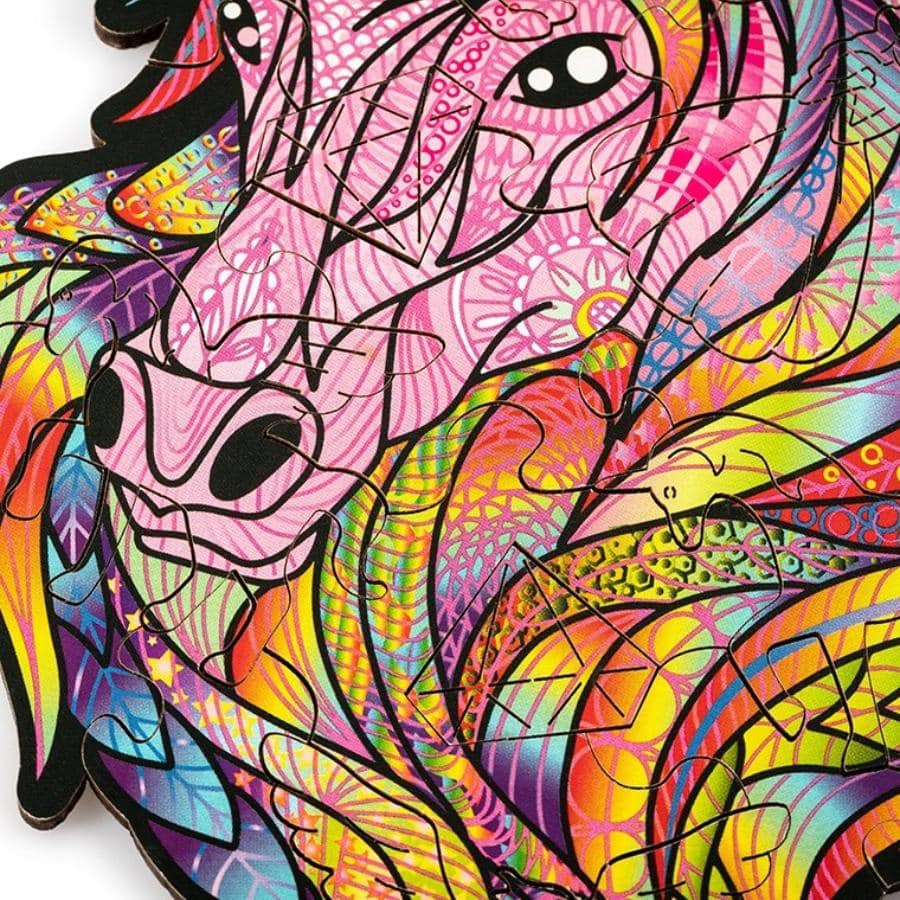 Wood Trick Pink Sky Unicorn Mini Wooden Puzzle with colourful unicorn artwork.