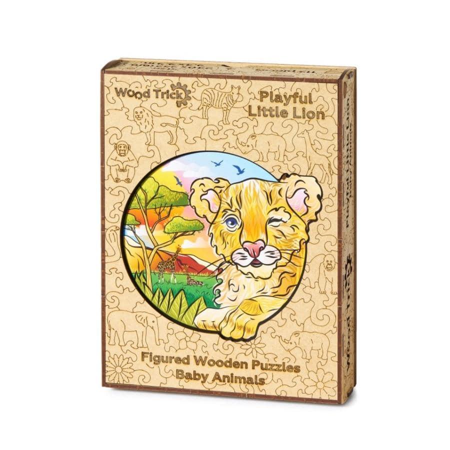 Wood Trick Playful Little Lion colourful wooden jigsaw puzzle with animal-shaped pieces.