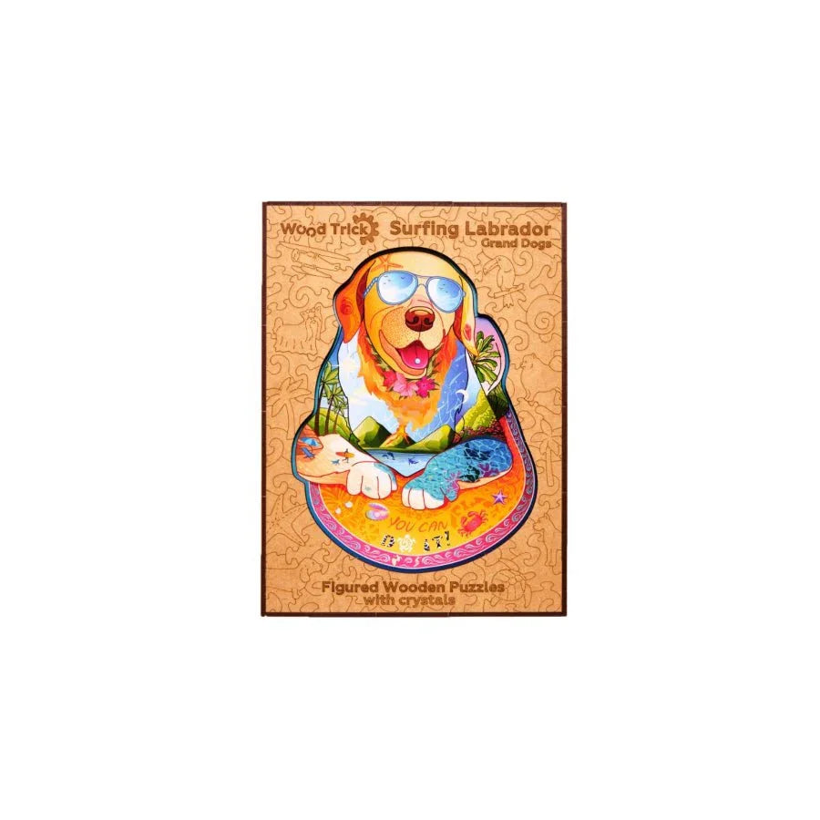 Wood Trick Surfing Labrador premium wooden jigsaw puzzle box with beach dog artwork.