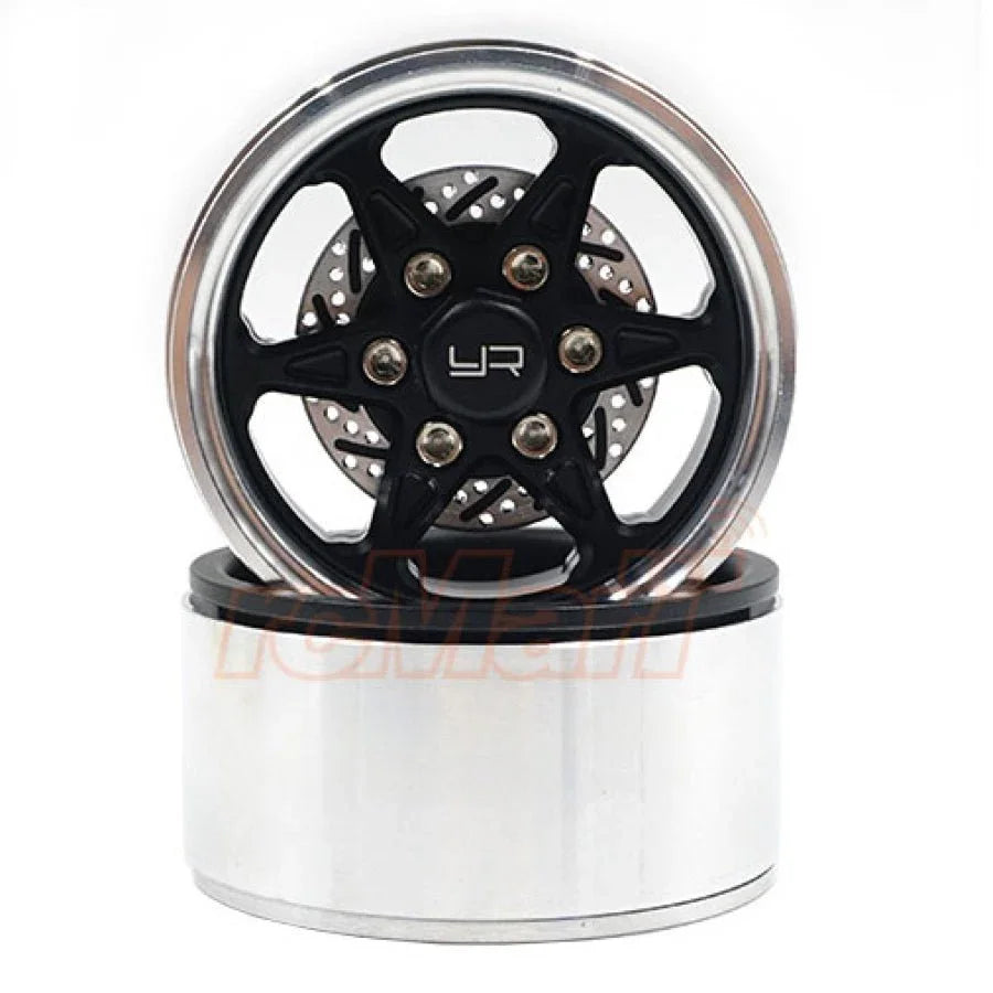 Black 6-spoke aluminum CNC beadlock wheel with brake rotor for RC car, front view
