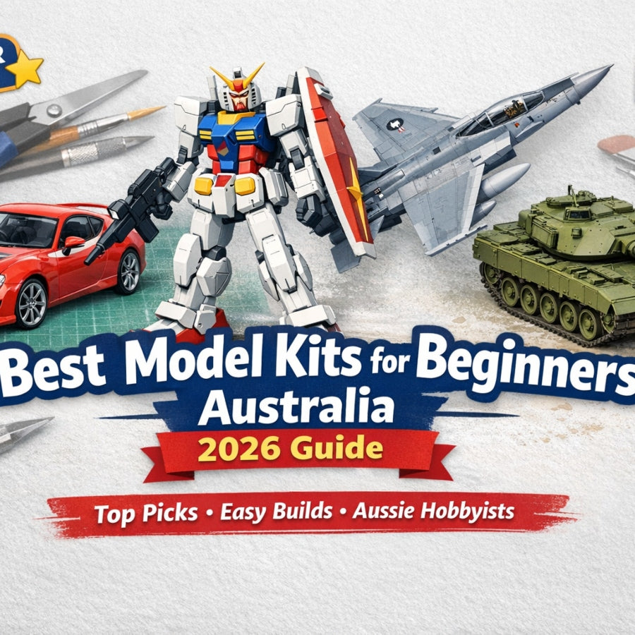 Best model kits for beginners in Australia 2026 guide featuring Gundam, car, jet, and tank models with tools