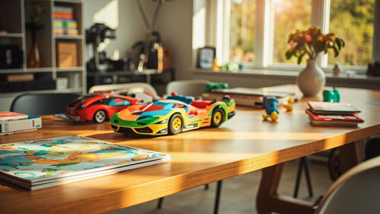 Colorful model race cars on wooden table with books and toys in sunny room
