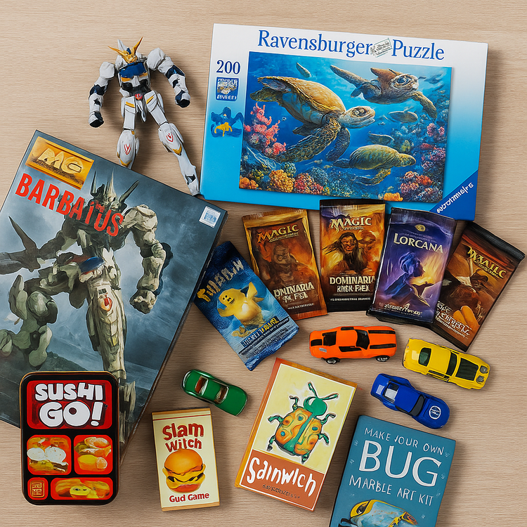 A colourful mix of toys and games for children aged 5 to 8 years, including puzzles, STEM kits, arts and crafts, and educational playsets