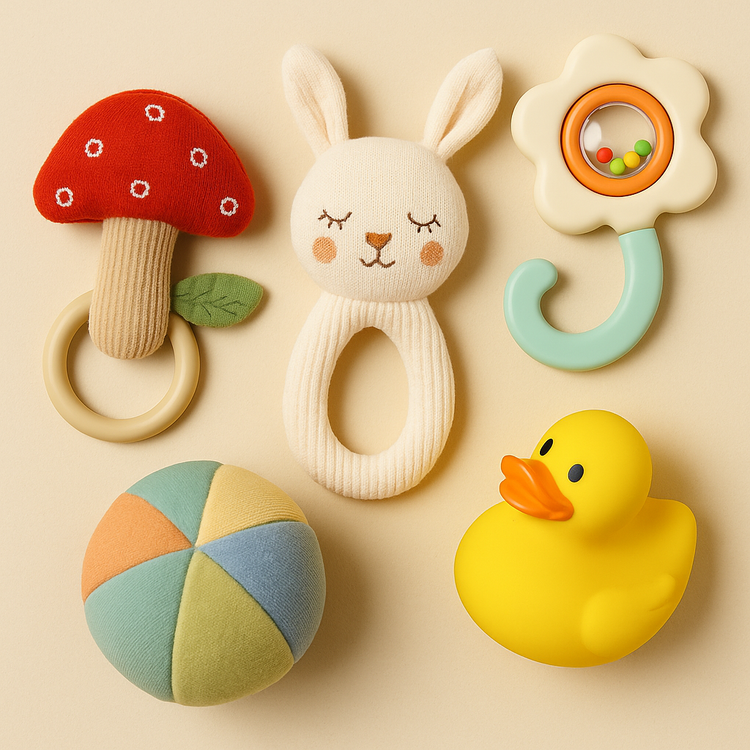 A soft, colourful assortment of sensory toys for infants aged 0 to 1 year, including rattles, plush animals, teething toys, and early development play items.