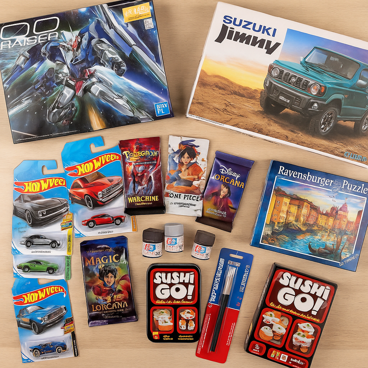 A collection of toys and games for tweens aged 8 to 12 years, including puzzles, trading cards, board games, model kits, and creative building sets.
