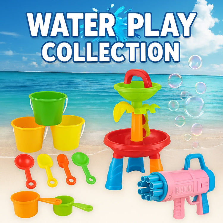 Water Play Collection – colourful kids’ outdoor sand and water toys including tables, buckets, and beach play sets.