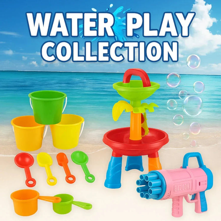 Water Play Collection – colourful kids’ outdoor sand and water toys including tables, buckets, and beach play sets.