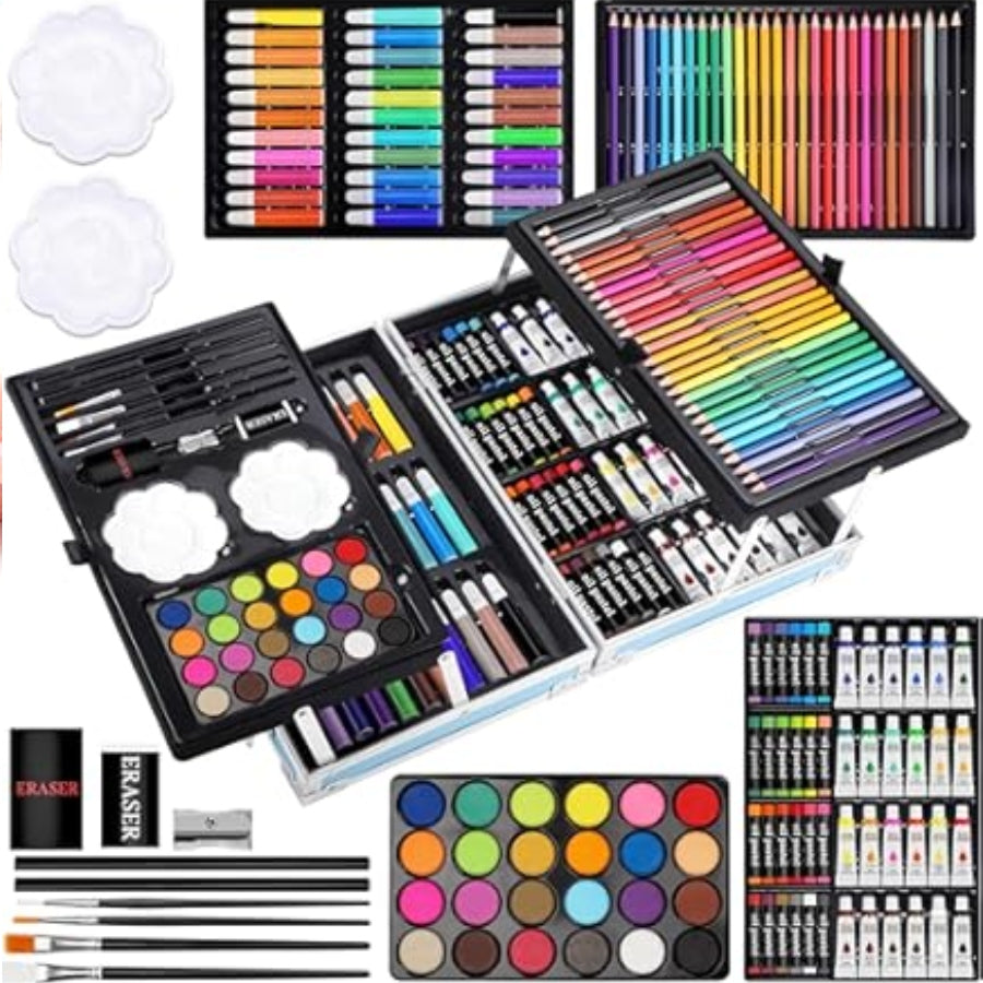 Art supply set with paints, brushes, and other tools on a white background