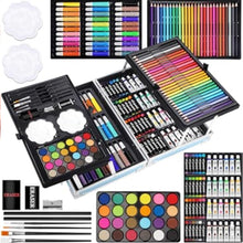 Art supply set with paints, brushes, and other tools on a white background