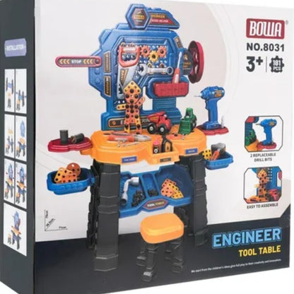 Toy engineer tool table set with tools and accessories on a white background