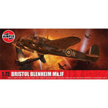 Airfix 1:72 Bristol Blenheim Mk.IF model kit showing the twin‑engine WWII RAF bomber in camouflage and night fighter schemes with cockpit glazing.