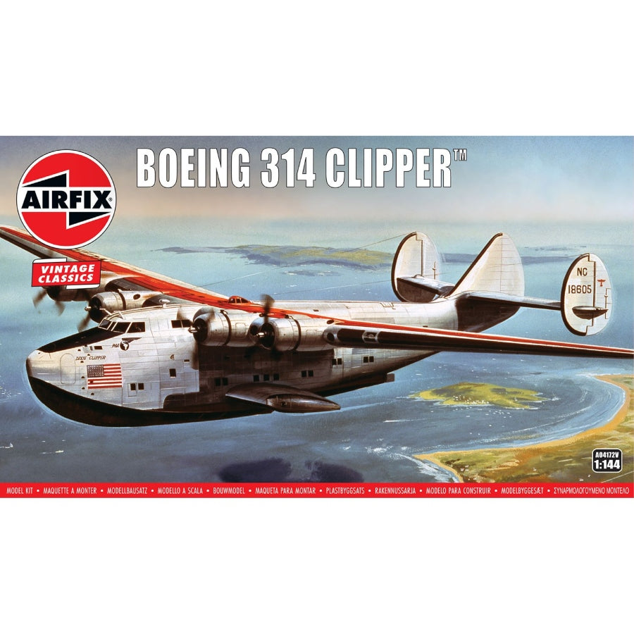 Airfix 1/144 Boeing 314 Clipper flying boat airliner model kit with Pan American Airways markings and detailed hull, wings, and tail assembly.