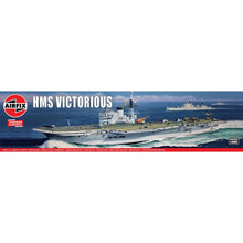 Airfix Vintage Classics 1:600 scale HMS Victorious model kit with box art, deck aircraft and island details