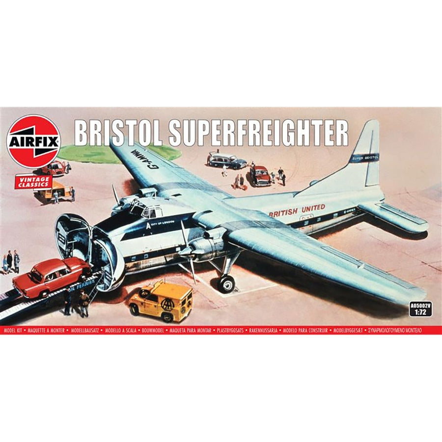 Airfix Bristol Superfreighter Mk 32 model kit box art and assembled 1:72 scale Superfreighter with open nose and vehicle ramp detailing.
