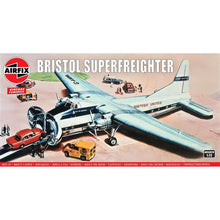 Airfix Bristol Superfreighter Mk 32 model kit box art and assembled 1:72 scale Superfreighter with open nose and vehicle ramp detailing.