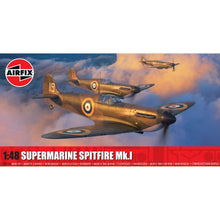 Airfix 1:48 Supermarine Spitfire Mk.I model kit showing assembled aircraft in RAF camouflage and markup, photographed from top and rear angles