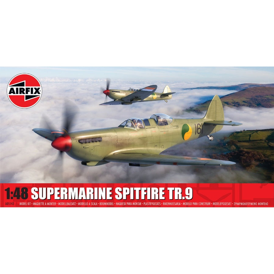 Airfix 1/48 Supermarine Spitfire Tr.9 RAF trainer aircraft model kit with detailed dual cockpit and authentic WWII-era markings.