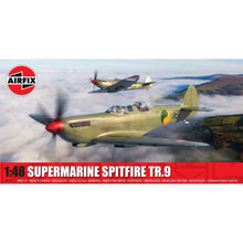 Airfix 1/48 Supermarine Spitfire Tr.9 RAF trainer aircraft model kit with detailed dual cockpit and authentic WWII-era markings.