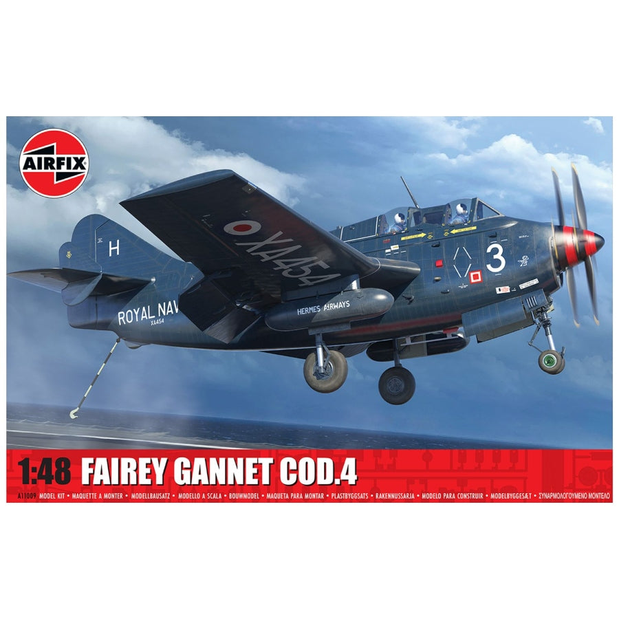 Airfix 1/48 Fairey Gannet COD.4 Royal Navy aircraft model kit featuring folding wings and detailed cockpit for realistic assembly.