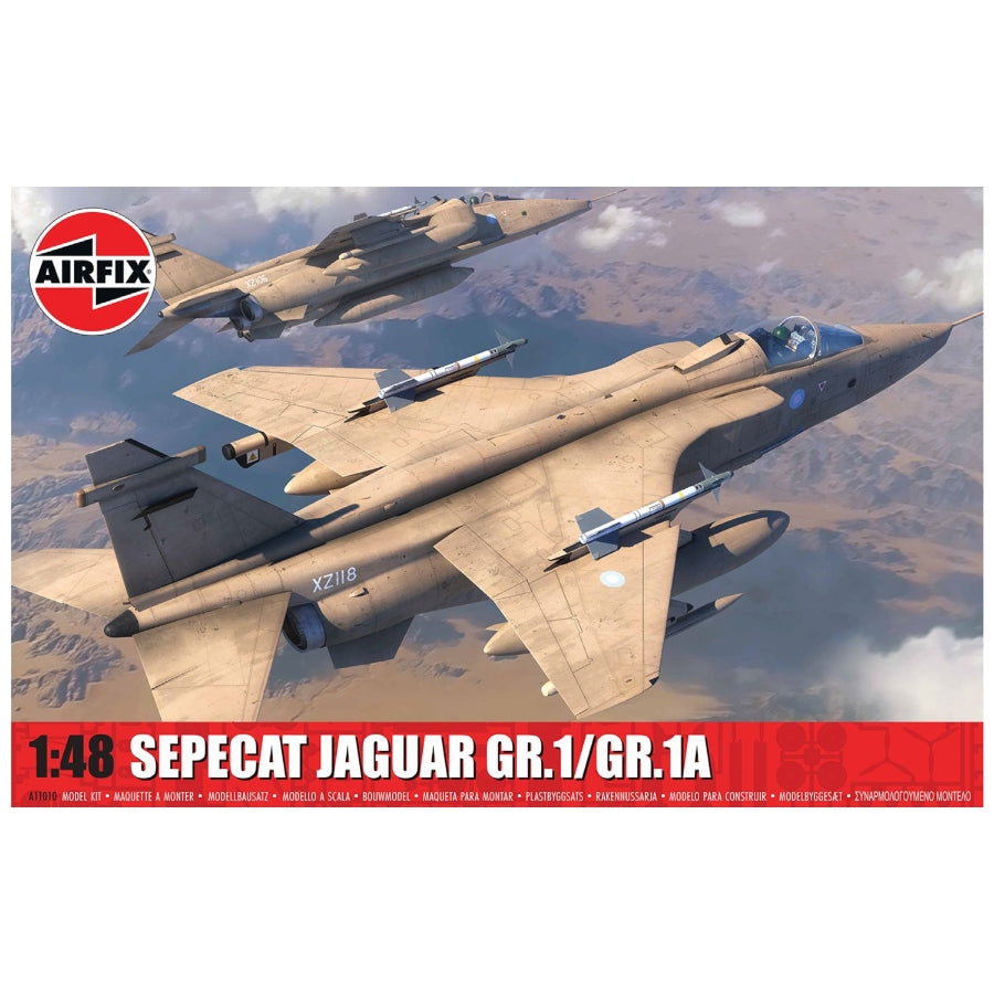 Airfix SEPECAT Jaguar GR.1/GR.1A 1:48 scale model showing desert and camouflage finishes, open cockpit and weapon load-out
