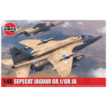 Airfix SEPECAT Jaguar GR.1/GR.1A 1:48 scale model showing desert and camouflage finishes, open cockpit and weapon load-out